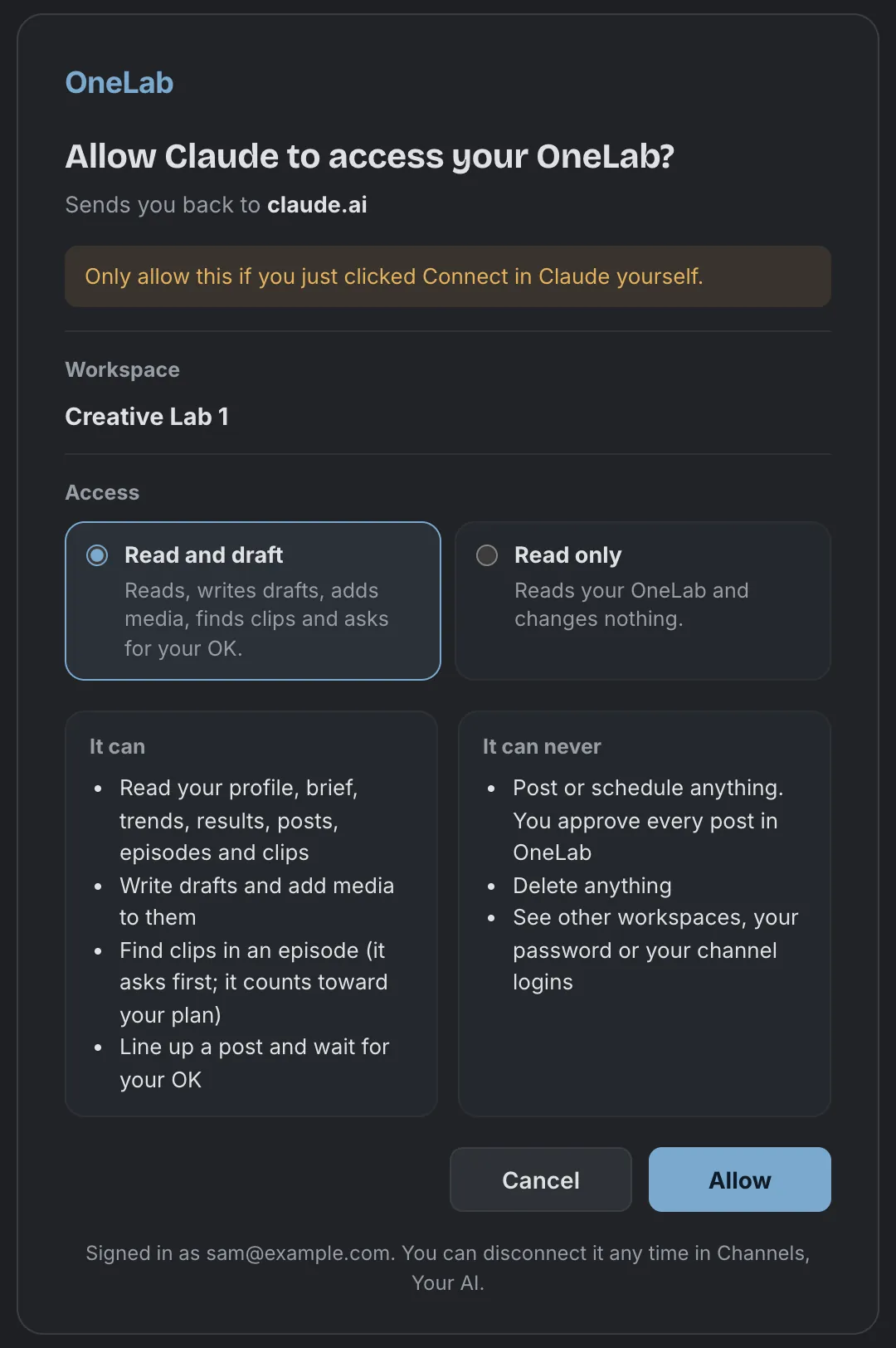 The Allow Claude to access your OneLab window, listing what it can do and what it can never do, with Cancel and Allow buttons.