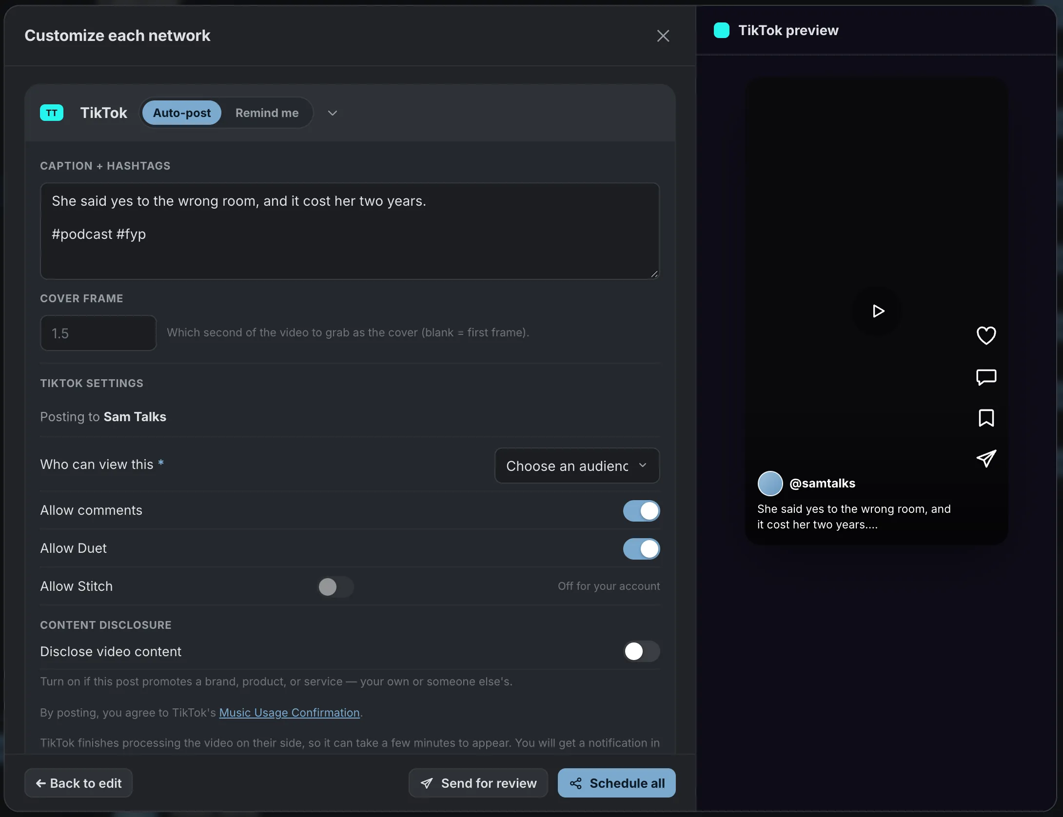 The review step for TikTok: caption and hashtags, cover frame, who can view the post with nothing pre-selected, comment and duet settings, and a live TikTok preview.
